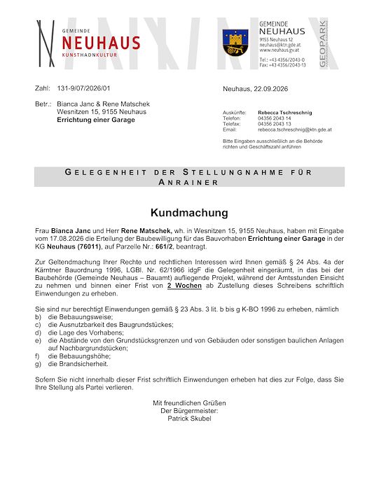 Kundmachung der Gemeinde Neuhaus vom 22.09.2026, Zl. 131-9/07/2026/01