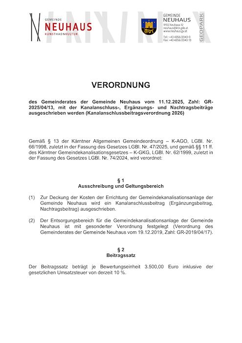 Kanalanschlussbeitragsverordnung 2026