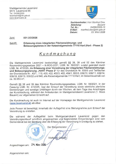 Kundmachung der Marktgemeinde Lavamünd vom 23.03.2026, Zl. 031-2/2/2026