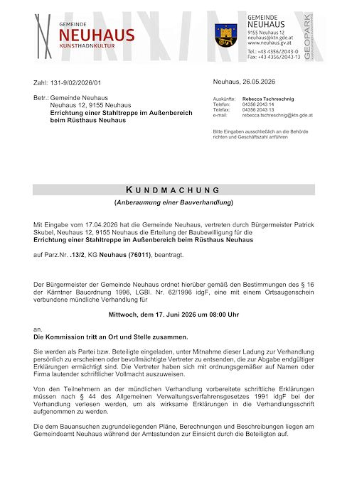 Kundmachung der Gemeinde Neuhaus vom 26.05.2026, Zl. 131-9/02/2026/01