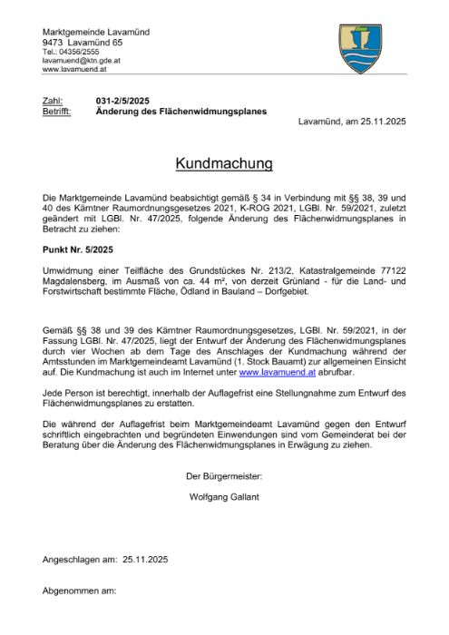 Kundmachung der Marktgemeinde Lavamünd vom 25.11.2025, Zl. 031-2/5/2025