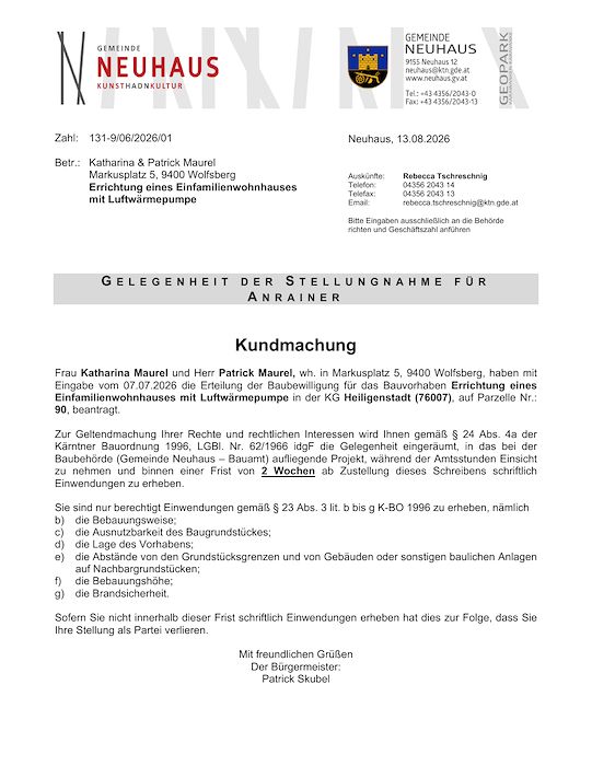 Kundmachung der Gemeinde Neuhaus vom 13.08.2026, Zl. 131-9/06/2026/01