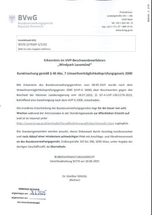 Kundmachung des Bundesverwaltungsgerichts gem. § 40 Abs. 7 Umweltverträglichkeitsprüfungsgesetz 2000