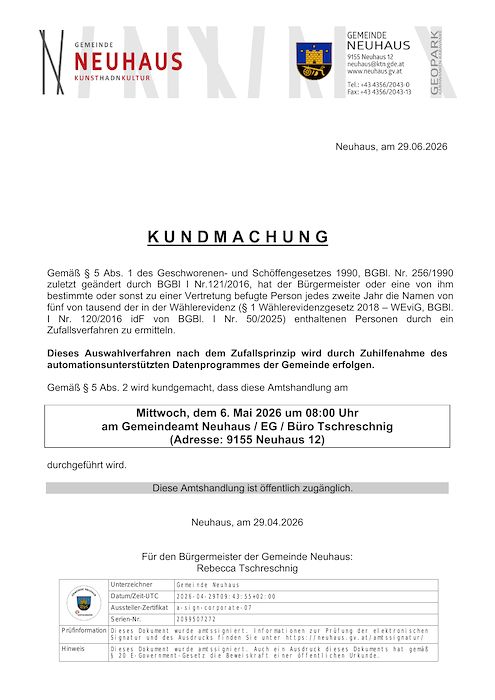 Kundmachung der Gemeinde Neuhaus vom 29.04.2026