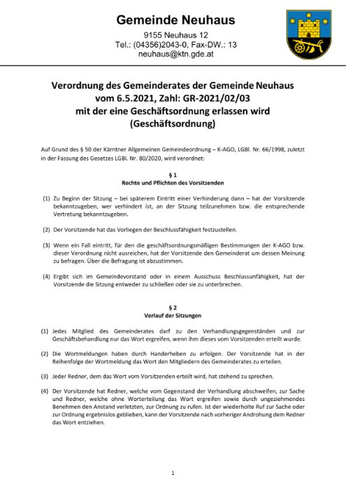 Geschäftsordnung der Gemeinde Neuhaus