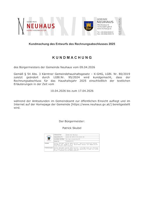 Kundmachung des Entwurfs des Rechnungsabschlusses 2025