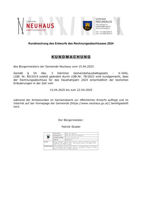 Kundmachung des Entwurfs der Jahresrechnung 2024