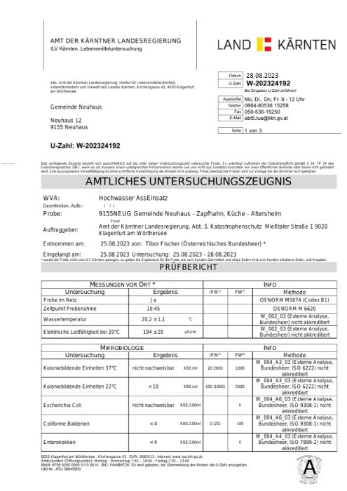 Amtliches Untersuchungszeugnis WVA Pudlach vom 28.8.2023