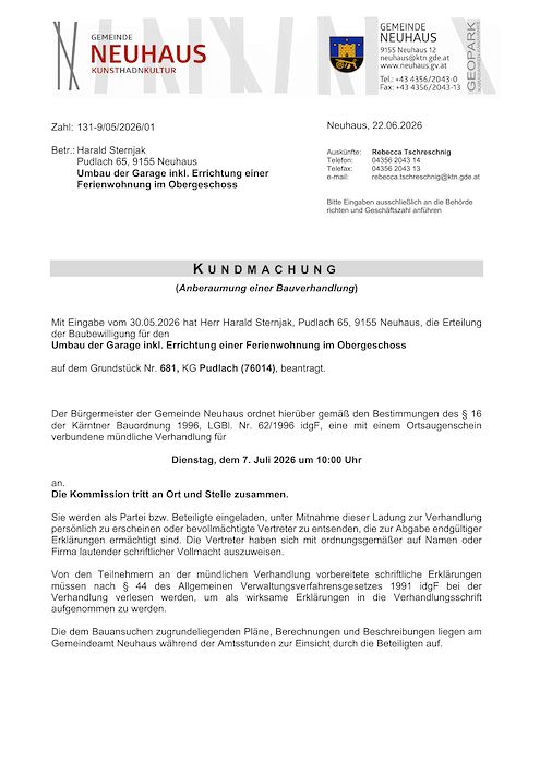 Kundmachung der Gemeinde Neuhaus vom 22.06.2026, Zl. 131-9/05/2026/01