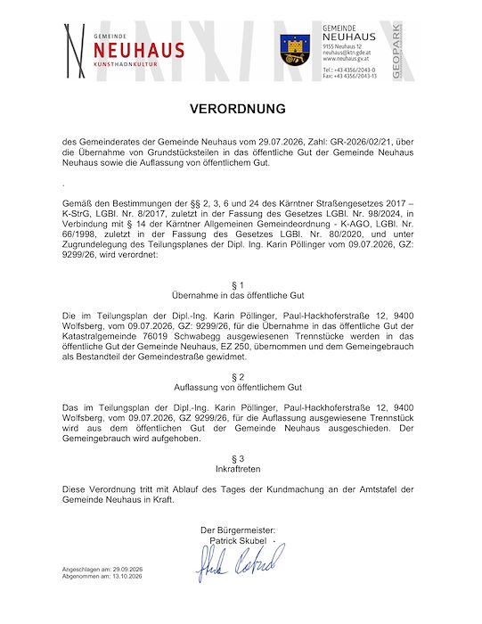 Verordnung des Gemeinderates der Gemeinde Neuhaus vom 29.07.2026, Zl. GR-2026/02/21, 