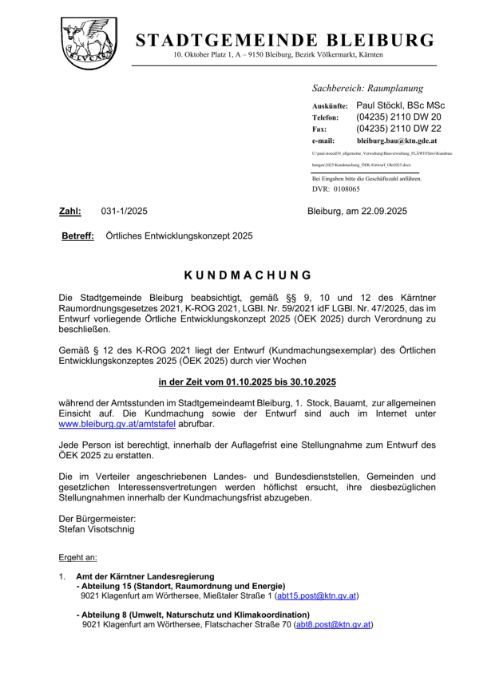 Kundmachung der Stadtgemeinde Bleiburg vom 22.09.2025, Zl. 031-1/2025