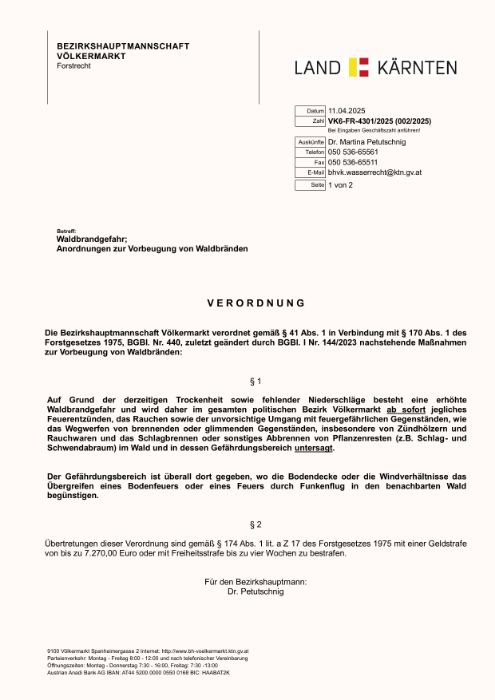 Waldbrandverordnung 2025 - BH Völkermarkt, 11.04.2025 - Anordnungen zur Vorbeugung von Waldbrände