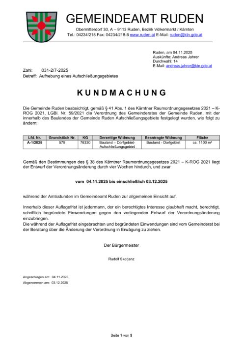 Kundmachung der Gemeinde Ruden vom 04.11.2025, Zl. 031-2/7-2025, 