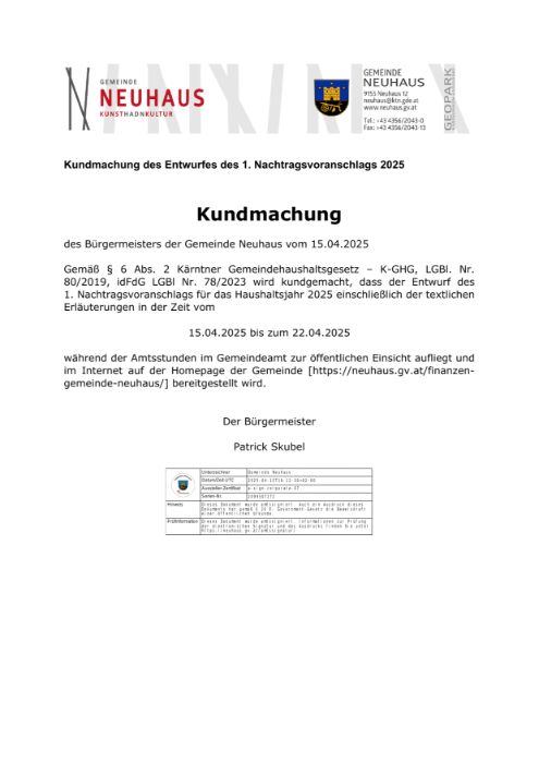 Kundmachung des Entwurfes des 1. Nachtragsvoranschlags 2025