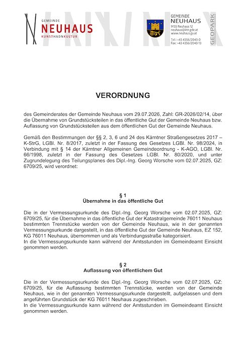 Verordnung des Gemeinderates der Gemeinde Neuhaus vom 29.07.2026, Zl. GR-2026/02/14