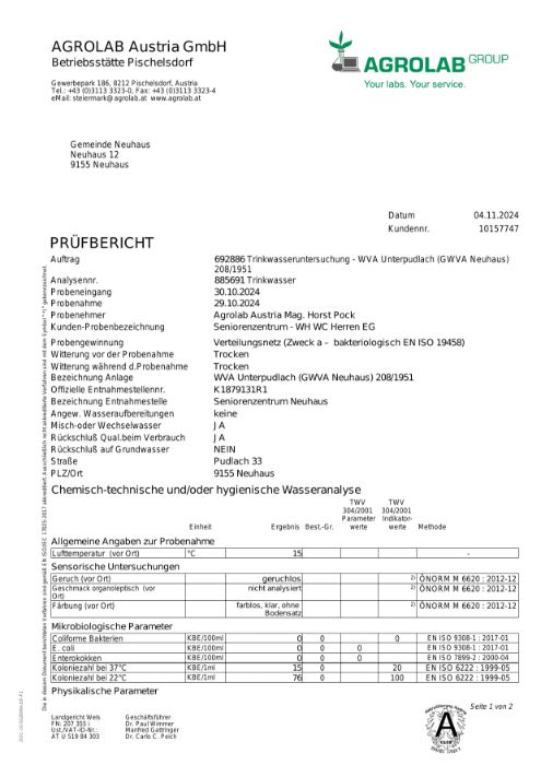 WVA Pudlach: Trinkwasseruntersuchung - Prüfbericht vom 04.11.2024 (Nachbeprobung)