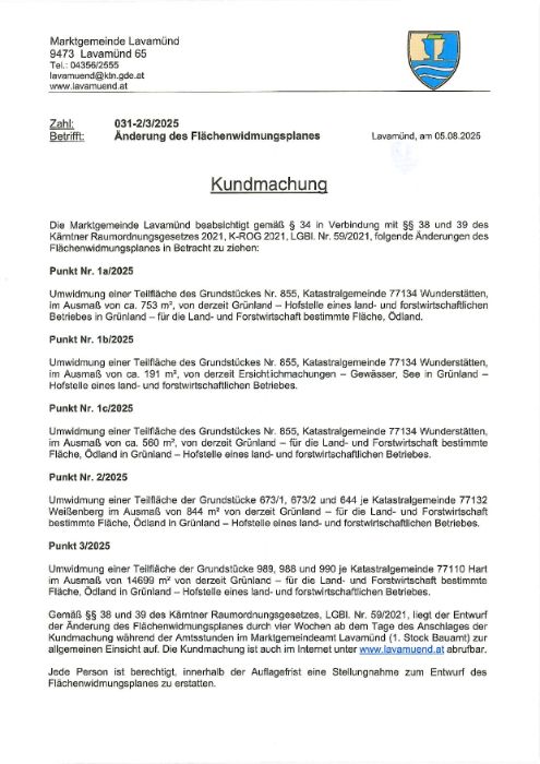Kundmachung der Marktgemeinde Lavamünd vom 05.08.2025, Zl. 031-2/3/2025, 