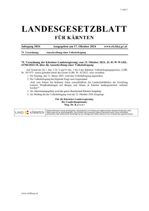 Verordnung der Landesregierung vom 15. Oktober 2024, Zl. 01-W-WAHL-43784/2024-10,