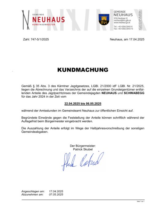 Kundmachung der Gemeinde Neuhaus vom 17.04.2025, Zl. 747-5/1/2025, 
