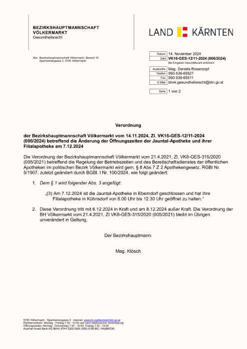 Verordnung der Bezirkshauptmannschaft Völkermarkt vom 14.11.2024, Zl. VK16-GES-12/11-2024 (006/2024)