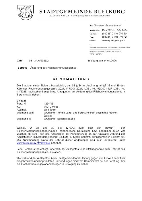 Kundmachung der Stadtgemeinde Bleiburg vom 14.04.2026, Zl. 031-3A-0/2026/2