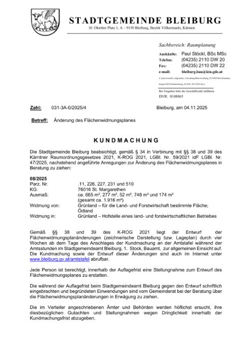 Kundmachung der Stadtgemeinde Bleiburg vom 04.11.2025, Zl. 031-3A-0/2025/4