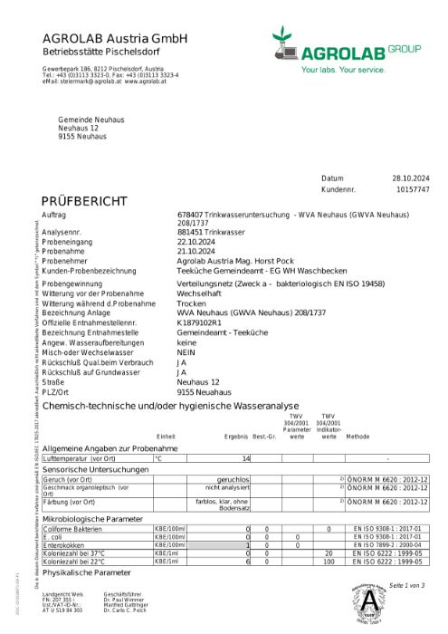 WVA Neuhaus: Trinkwasseruntersuchung - Prüfbericht vom 28.10.2024